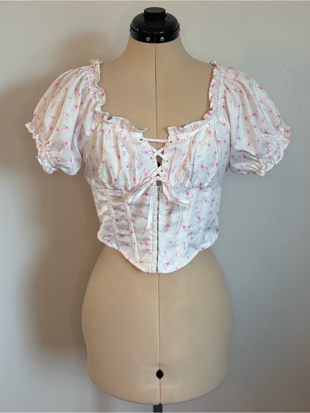 Mooloola (City Beach) Kylie Corset Top in Butterfly, White Pink Milkmaid Crop 12